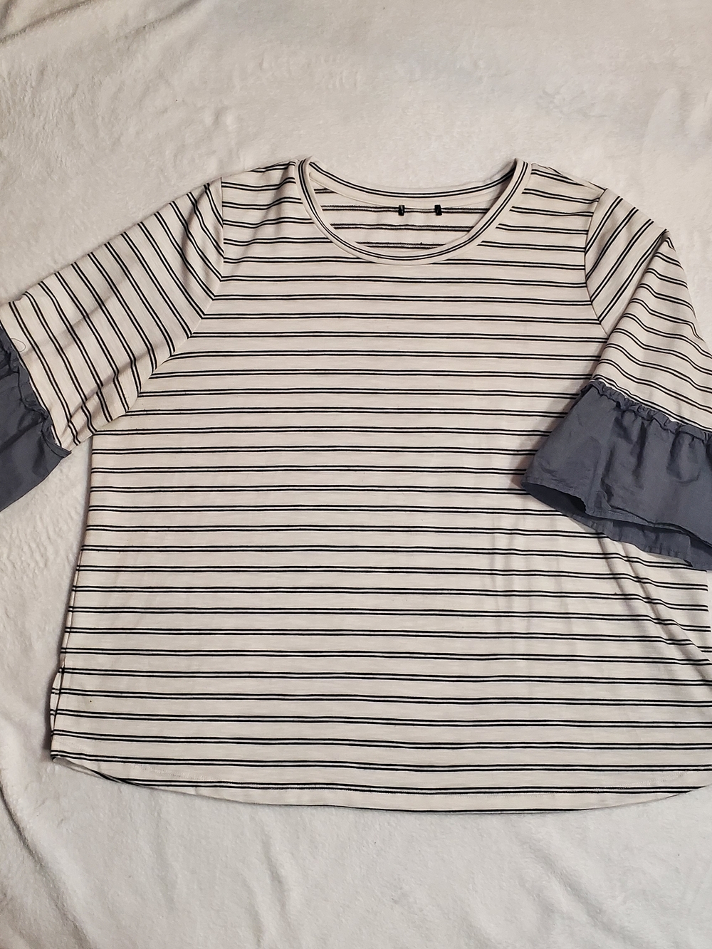Lane Bryant White Striped Top with Blue Ruffle Sleeves